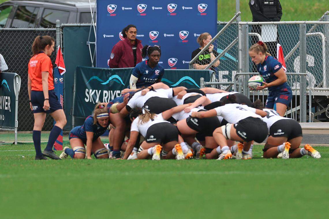 USA Women’s Eagles player Erica Coulibaly looks over a scrum against the New Zealand Rugby Black Ferns in a Pacific Four Series match on April 11 in Sacramento, California.