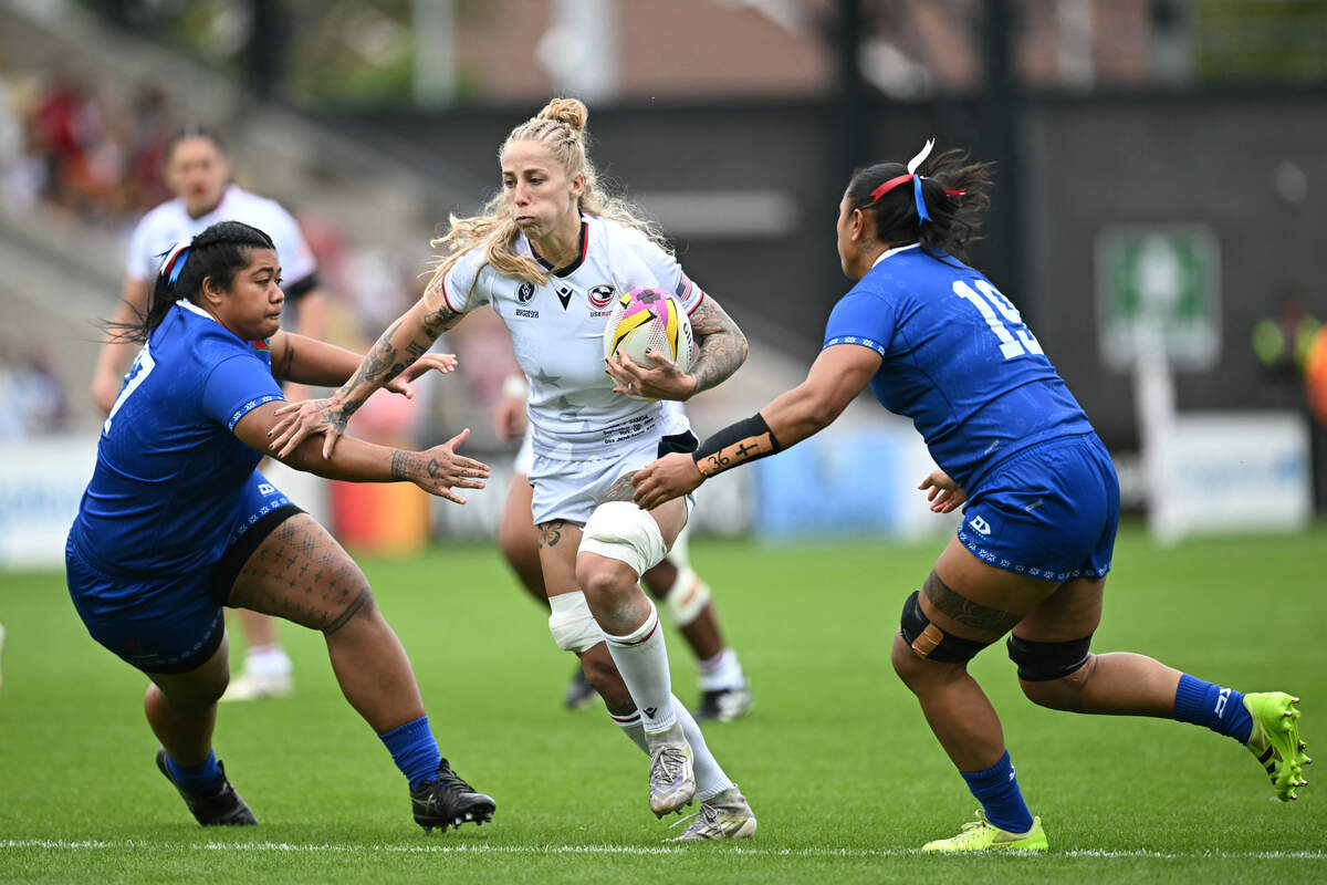 United States’ lock Erica Jarrell-Searcy breaks through the Samoa defence to score a try during the Women’s Rugby World Cup pool A match between United States and Samoa at York Community Stadium, York, northern England, on September 6, 2025. (Photo by Paul ELLIS / AFP) (Photo by PAUL ELLIS/AFP via Getty Images)