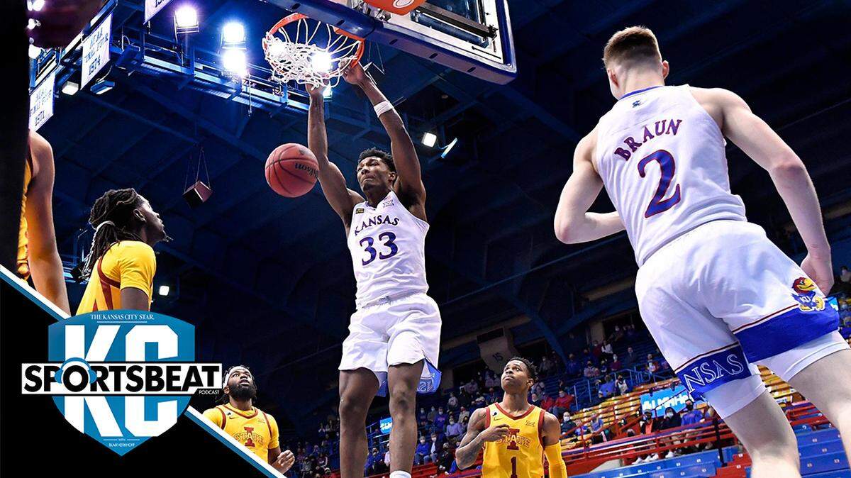 KU’s David McCormack throws down a dunk during the second half of Thursday night’s Big 12 Conference game at Allen Fieldhouse. KU beat Iowa State, 97-64.
