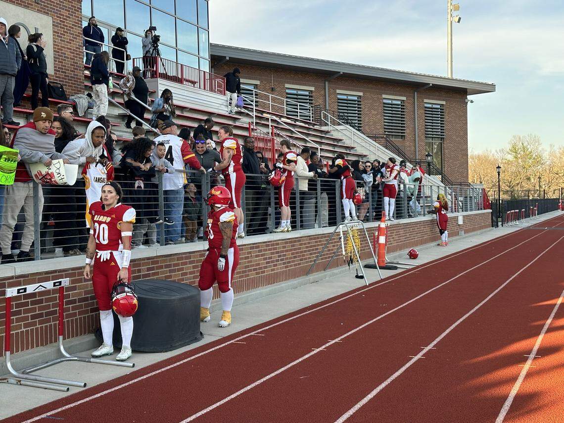 KC Glory players talk to loved ones after a game at Pembroke Hill.