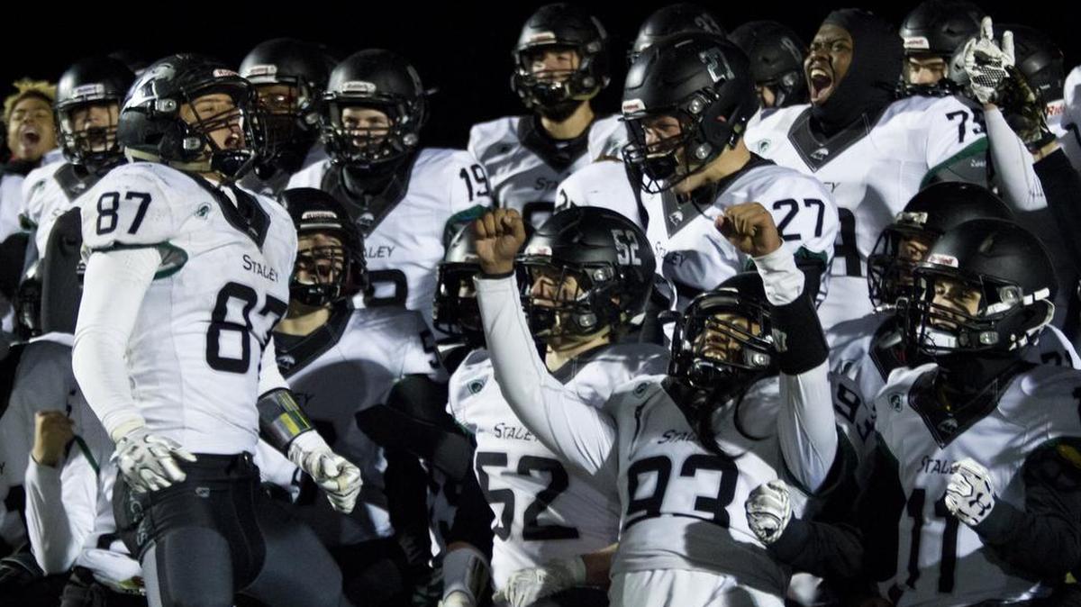 The Staley Eagles celebratee their 28-14 win at Fort Osage in the Missouri Class 5 quarterfinals Friday night. Staley remained undefeated at 12-0 and will face Carthage in the semifinals.