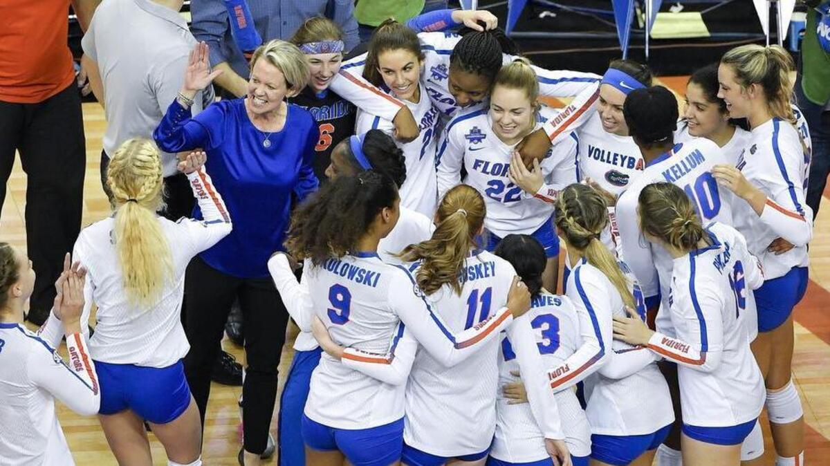 Florida celebrates after winning its semifinals volleyball match against Stanford on Thursday night in the NCAA volleyball tournament at Sprint Center.