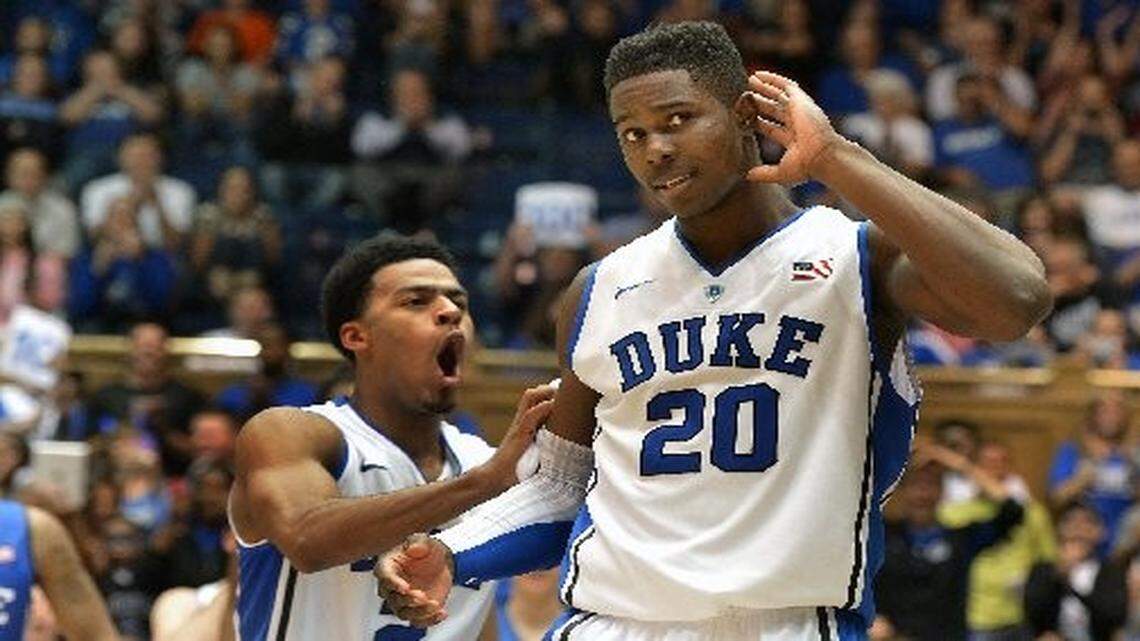 
Duke forward Semi Ojeleye (20) reacts to the crowd during a game earlier this season in Durham, N.C. Ojeleye will leave the Blue Devils and is looking for a school to transfer to. 
