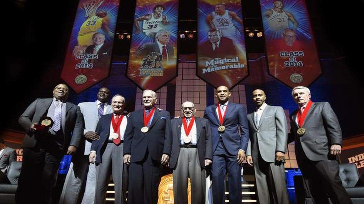 
The newly inducted 2014 class of the National Collegiate Basketball Hall of Fame. Ceremonies were held Sunday night at the Arvest Bank Theatre at the Midland.
