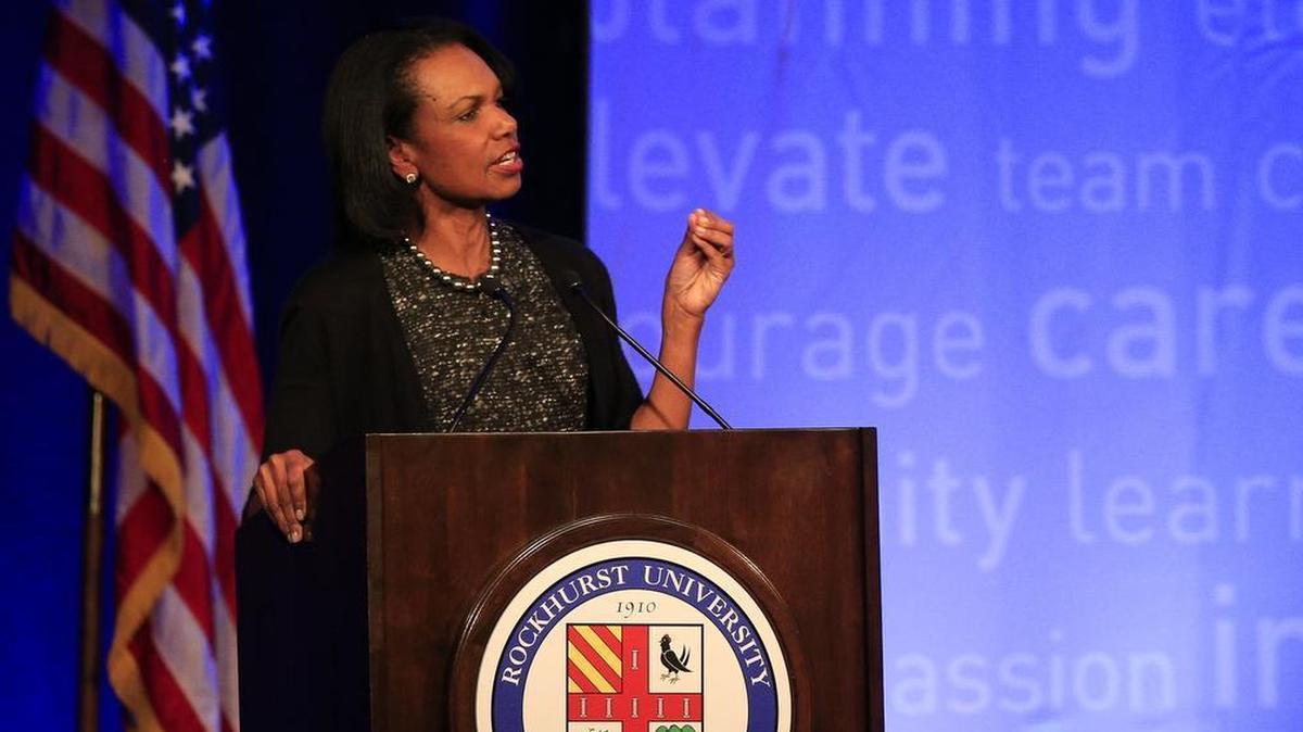 Condoleezza Rice speaks on stage during the third annual Rockhurst University Leadership Series luncheon at the Muehlebach Tower on Wednesday, March 4, 2015 in Kansas City.