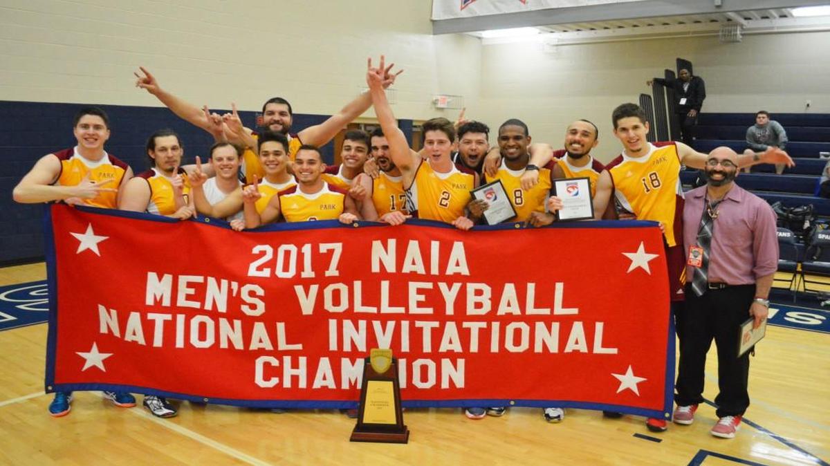 The Park University men’s volleyball team celebrates its NAIA national championship victory over Grand View (Iowa) in St. Louis on Saturday.
