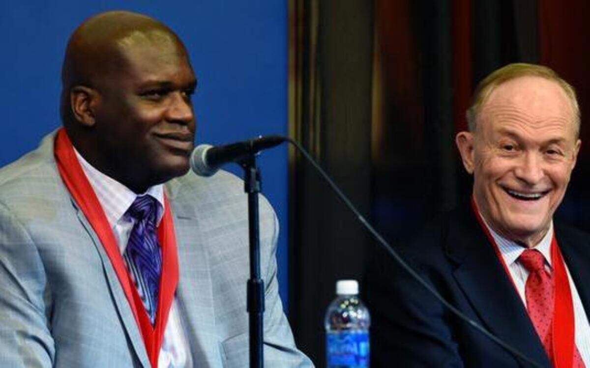
Shaquille O'Neal (left) got a laugh out of his former college coach Dale Brown on Sunday.


