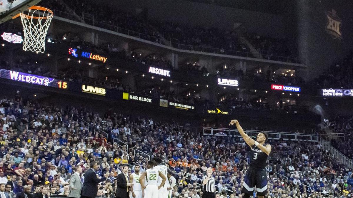 Kansas State Wildcats guard Kamau Stokes (3) shot free throws after a technical foul was called on Thursday during the quarterfinal game against the Baylor Bears of the Big 12 men's basketball tournament in Kansas City's Sprint Center.
