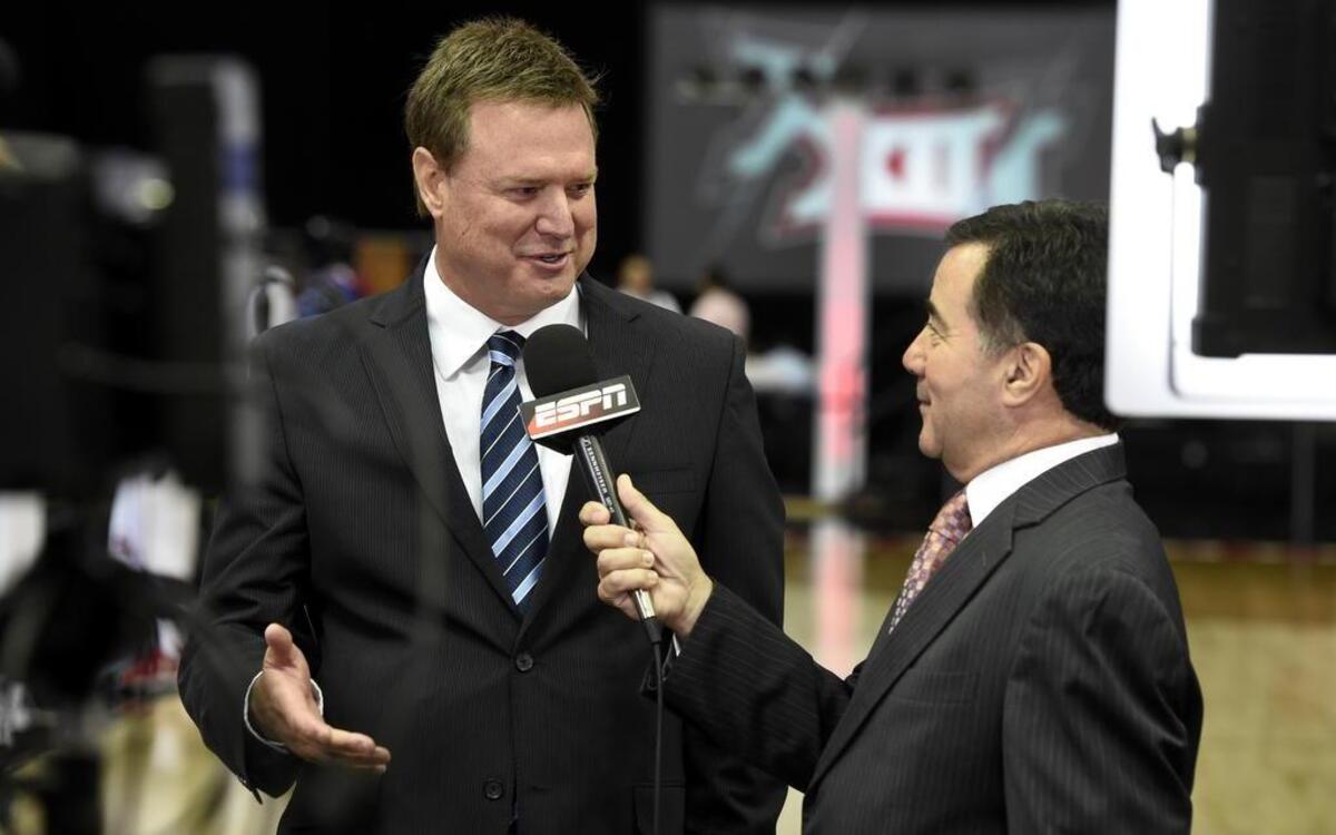 Kansas basketball coach Bill Self (left) talked with ESPN analyst Fran Fraschilla about the upcoming season during Big 12 Conference Media Days.