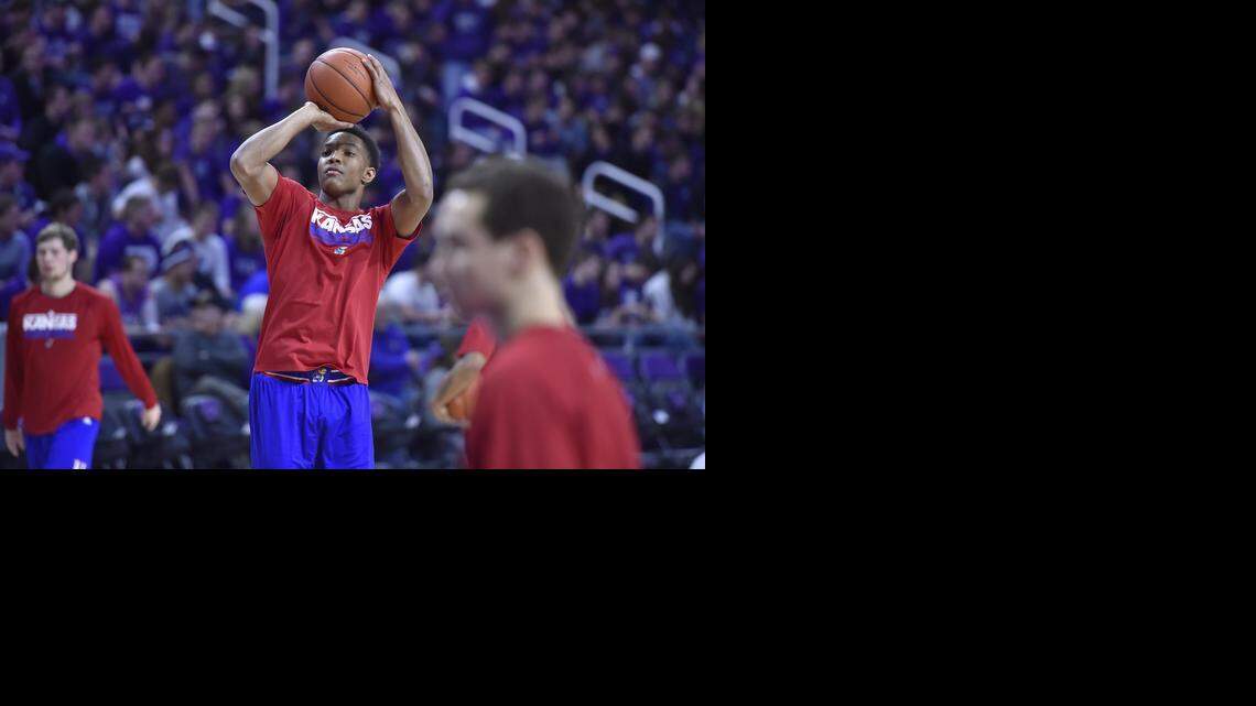 KU's Devonte Graham shot during warmup before Monday's game against K-State in Manhattan, Kan.