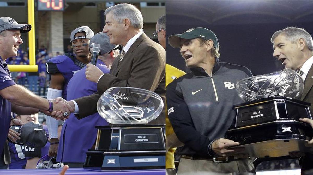 
Big 12 Commissioner Bob Bowlsby handed out championship trophies to TCU coach Gary Patterson (left) and Baylor coach Art Briles (right) on the final weekend of the 2014 football regular season after the league refused to recognize Baylor’s head-to-head victory over TCU as a tiebreaker. Both teams were 8-1 in Big 12 play.
