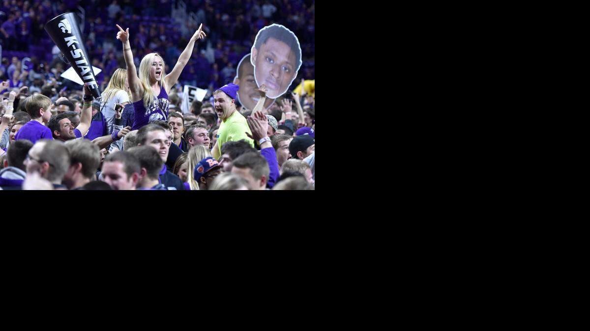 
KSU students celebrate the Wildcats 70-63 win over KU Monday night in Manhattan.
