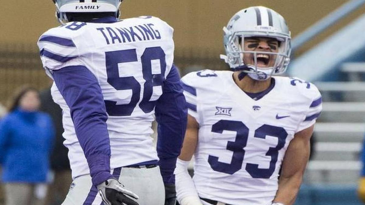 Kansas State Wildcats defensive back Morgan Burns (right) celebrated with linebacker Trent Tanking after Burns recovered a blocked punt in the end zone in the first quarter.
