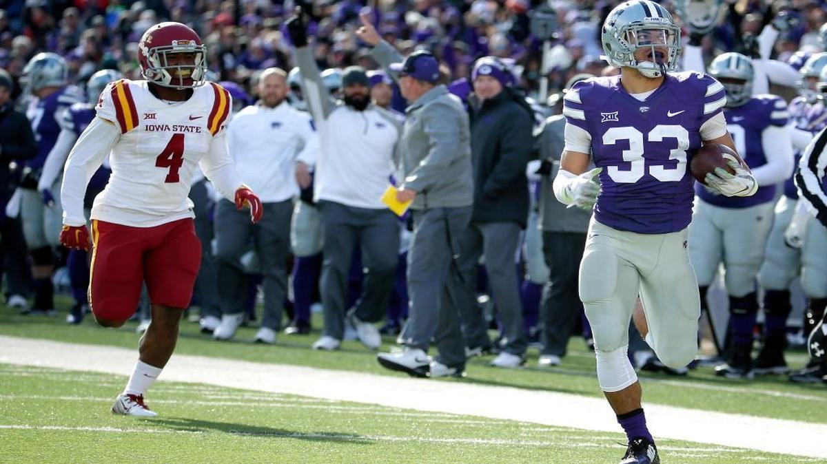Kansas State’s Morgan Burns got past Iowa State’s Sam E. Richardson for another kickoff-return toucdown last weekend.