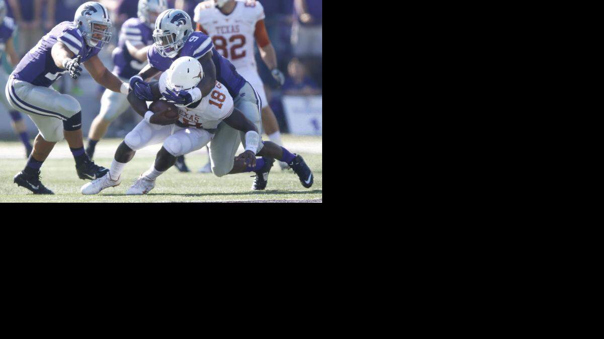 
Kansas State linebacker Elijah Lee sacked Texas quarterback Tyrone Swoopes in the second quarter at Bill Snyder Family Stadium in Manhattan, Kan., on Oct. 25. The host Wildcats won, 23-0. 
