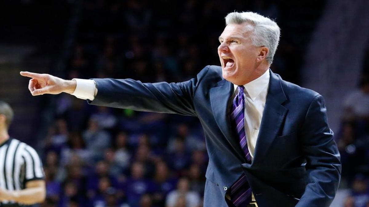 K-State coach Bruce Weber yells to his players as K-State took on Mississippi in Bramlage Coliseum (January 30, 2016)