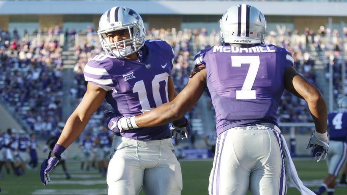 
K-State defensive back Danzel McDaniel (7) congratulates defensive back Donnie Starks (10) after he defended a pass against Louisiana Tech. 
