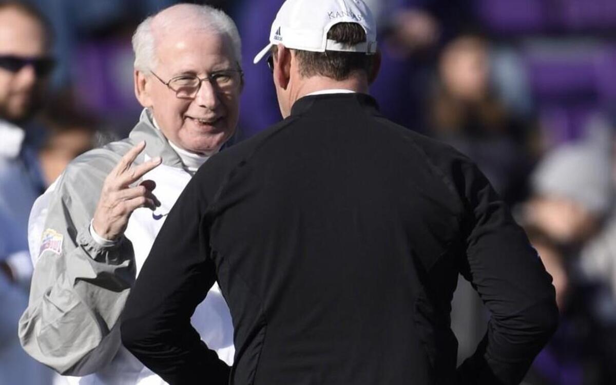 K-State coach Bill Snyder greeted KU coach David Beaty before winning his 200th game with the Wildcats on Saturday.