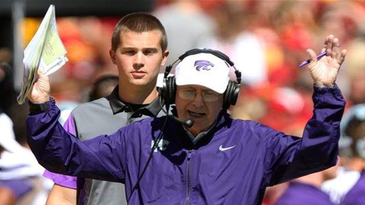 
Kansas State head coach Bill Snyder reacts to a play during the first half of Saturday’s Big 12 football game against Iowa State in Ames.
