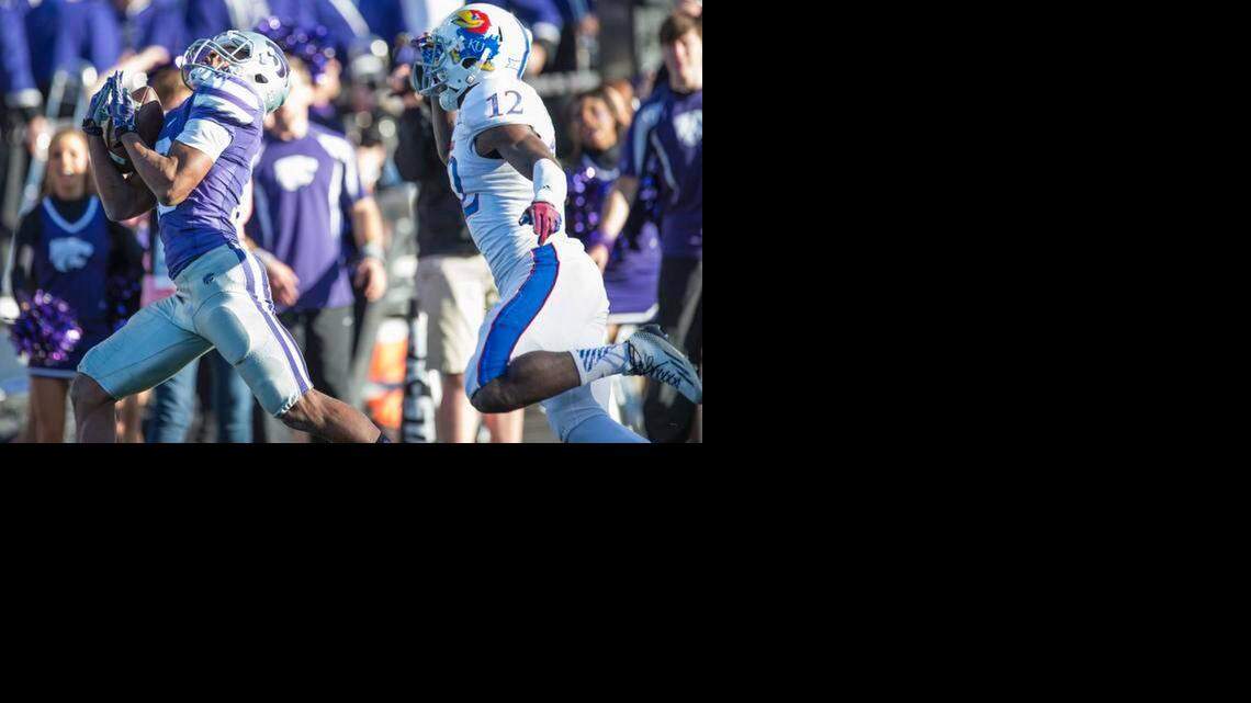 
Kansas State wide receiver Tyler Lockett (16) made an over-the-shoulder catch in front of Kansas cornerback Dexter McDonald (12) to score a touchdown in the first quarter of the Sunflower Showdown Nov. 29 in Manhattan.

