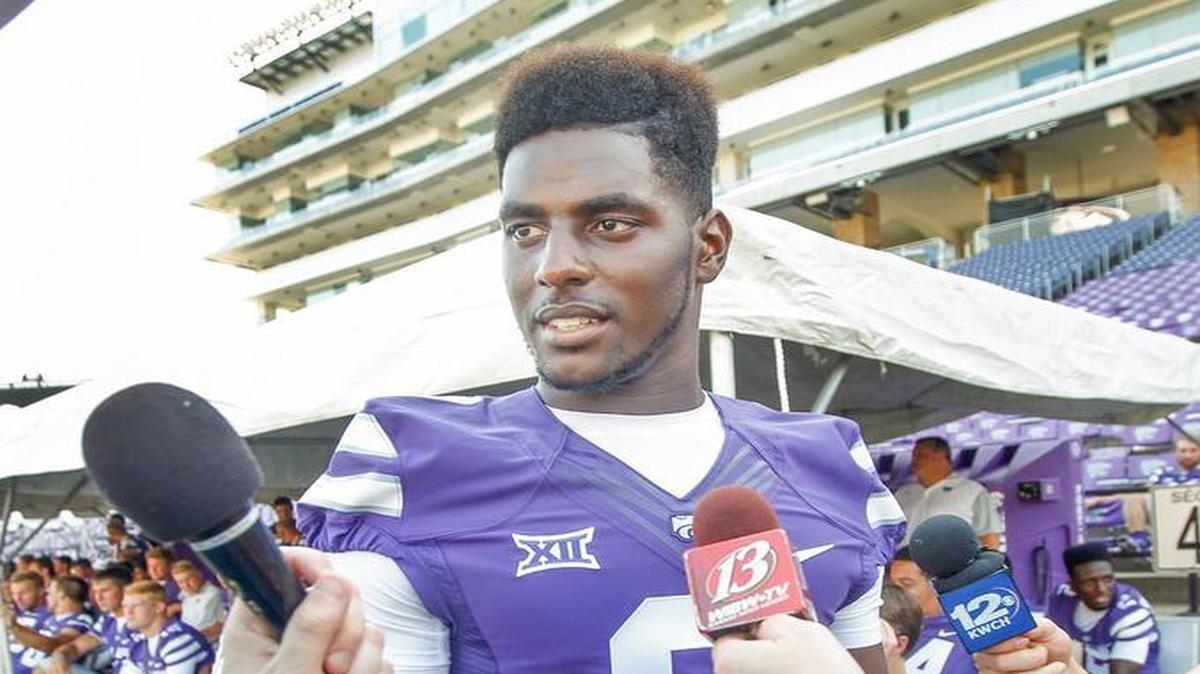 
Kansas State linebacker Elijah Lee talks with reporters during media day Aug. 8 in Manhattan.
