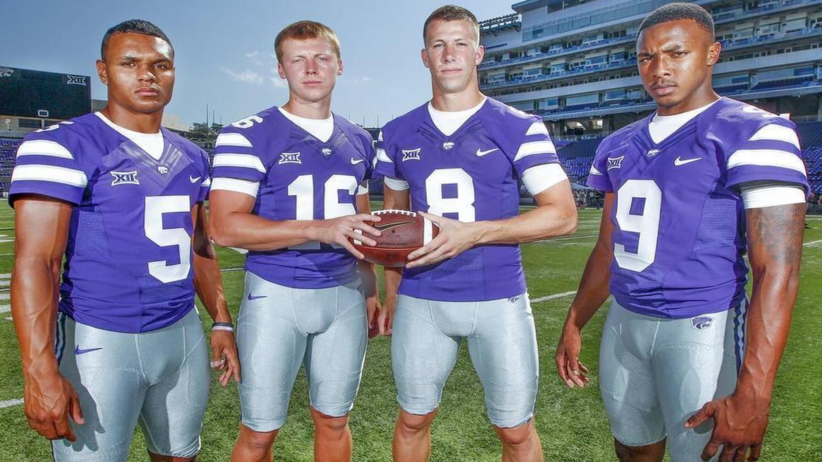 
Kansas State quarterbacks (from left) Alex Delton, Jesse Ertz, Joe Hubener and Jonathan Banks are still battling it out for the starting spot.
