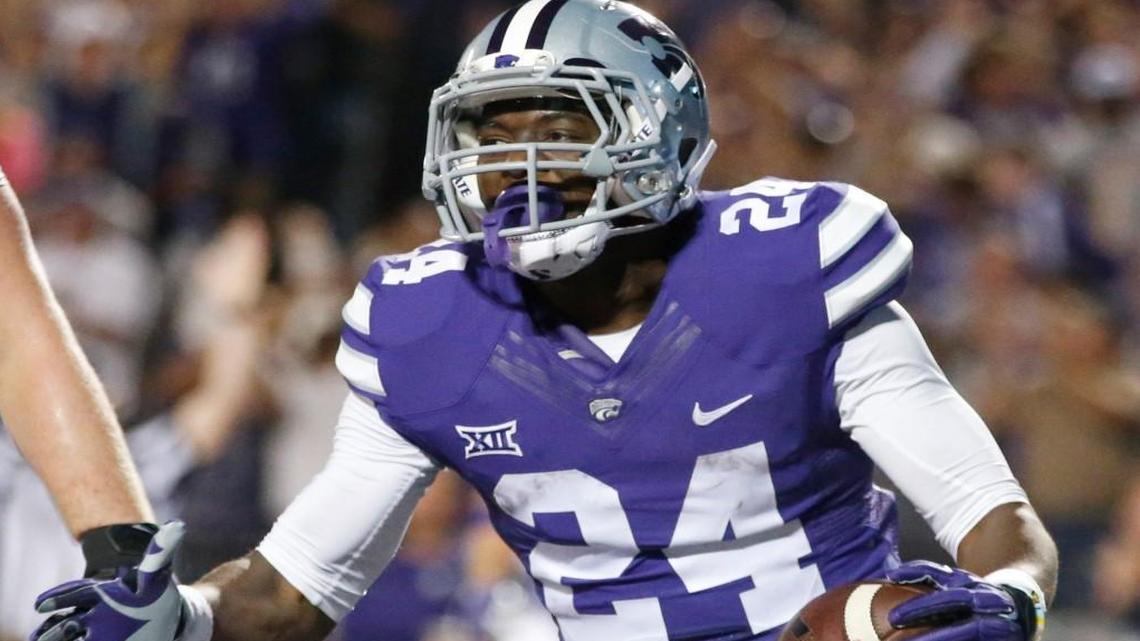 K-State running back Charles Jones celebrates after scoring against TCU last season. Jones will start this season’s opener on Friday night.