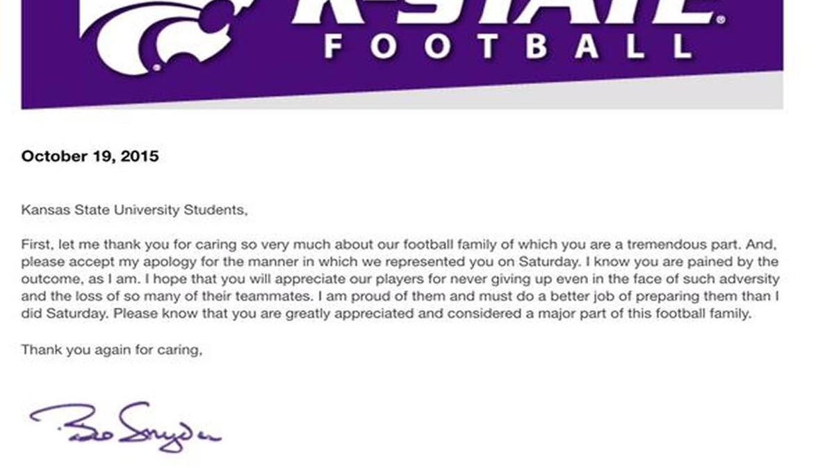 
Here’s the emailed letter students at K-State received from football coach Bill Snyder Monday afternoon.
