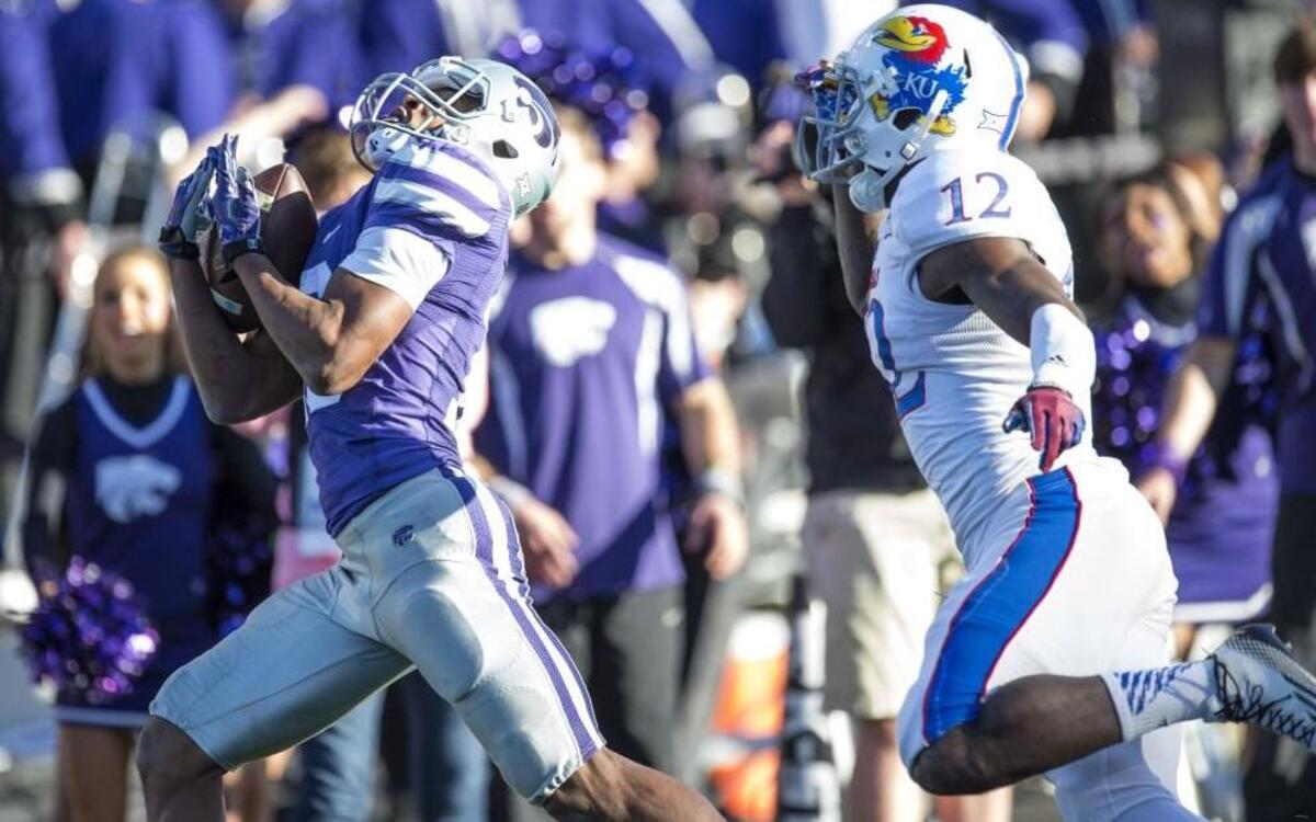 In last year’s Sunflower Showdown, Kansas State’s Tyler Lockett caught a touchdown pass against Kansas cornerback Dexter McDonald in Manhattan, Kan.
