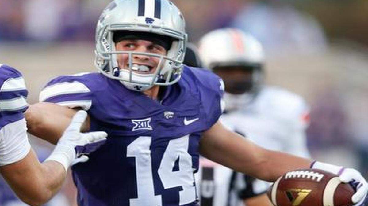 
K-State wide receiver Curry Sexton celebrates a pass reception against Auburn.
