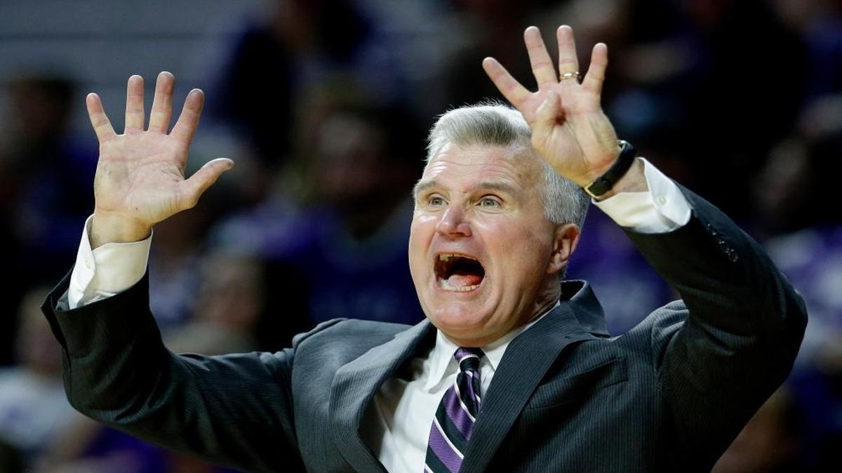 Kansas State head coach Bruce Weber motions to his players during the second half of an NCAA college basketball game against West Virginia Saturday, Jan. 2, 2016, in Manhattan. West Virginia won 87-83 in double overtime. (AP Photo/Charlie Riedel)