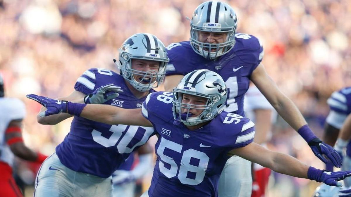 K-State linebacker Trent Tanking defenders celebrate after a big play against Texas Tech.(October 8, 2016)
