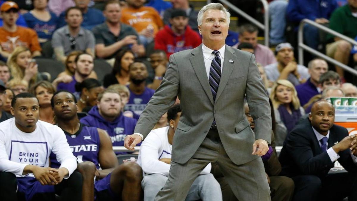 K-State coach Bruce Weber tries to keep his players in the game Thursday afternoon in the quarterfinal round of the 2016 Big 12 Men's Basketball Championship in the Sprint Center, as K-State lost to Kansas 85-63. (March 10, 2016)