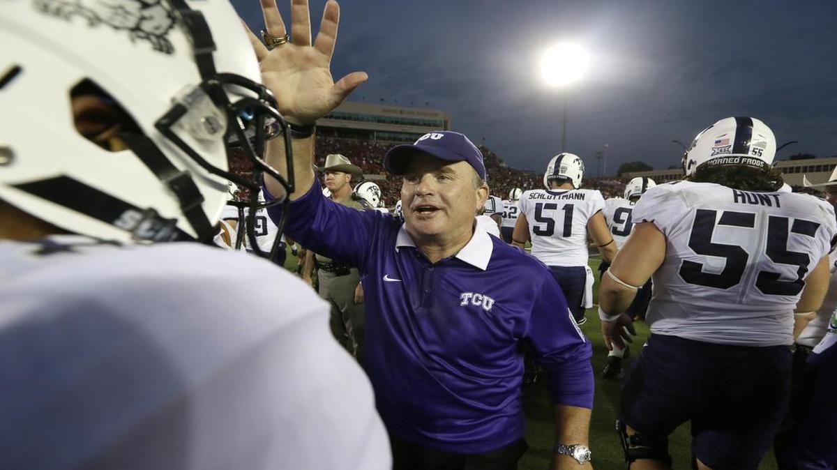 
TCU coach Gary Patterson after and his team after the Frogs beat Texas Tech 55-52.
