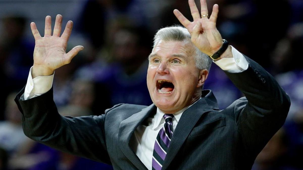 Bruce Weber motions to his players during the second half of an NCAA college basketball game against West Virginia Saturday, Jan. 2, 2016, in Manhattan, Kan. West Virginia won 87-83 in double overtime. (AP Photo/Charlie Riedel)