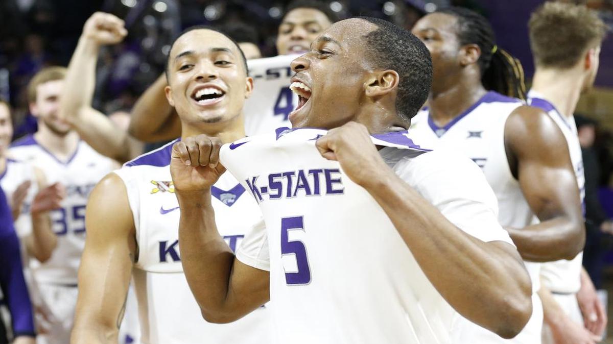 Kansas State guard Barry Brown (5) celebrates after Kansas State knocked off No.1-ranked Oklahoma 80-69 on Saturday, Feb. 6, 2016, at Bramlage Coliseum in Manhattan, Kan.