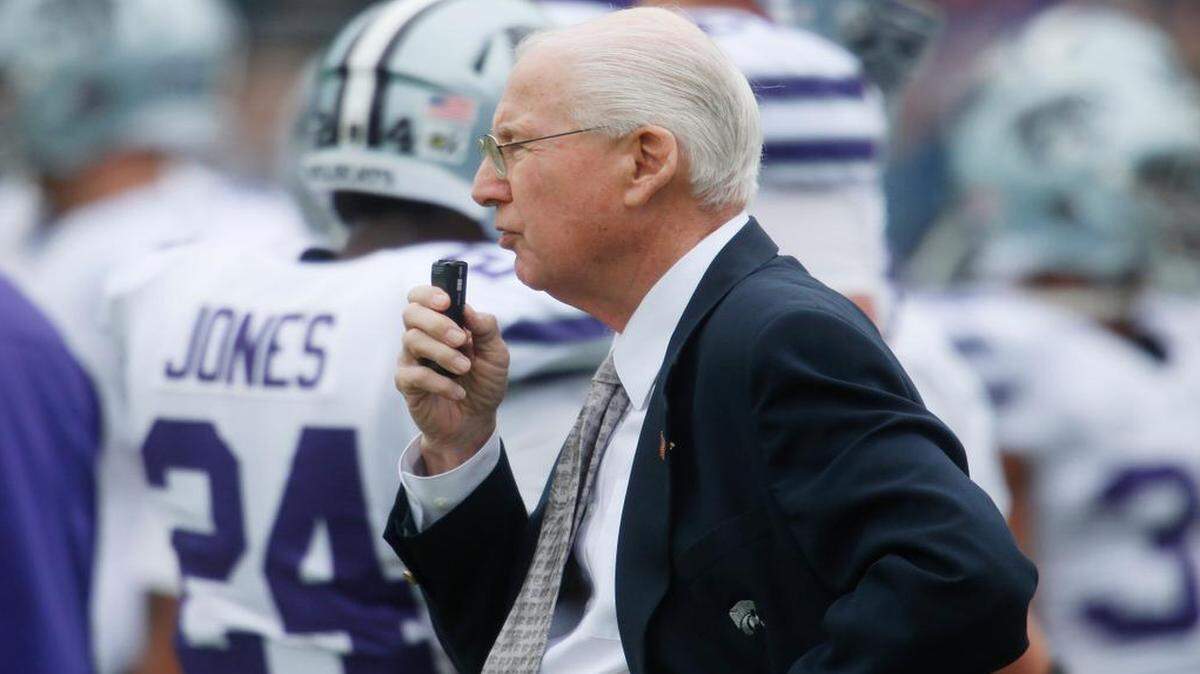 
K-State coach Bill Snyder records his notes during the 2013 spring game at Snyder Family Stadium. “I kind of take it as a practice and record what I think, good bad or indifferent,” Snyder said. “Then we address that at halftime, after the game, and next week in our meetings and so on.”
