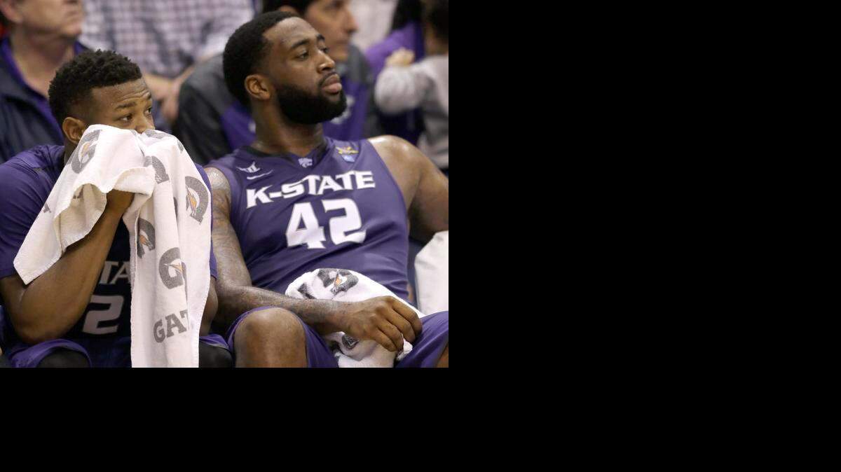 
Marcus Foster, left, and Thomas Gipson combined for 38 of Kansas State’s 57 points in Saturday’s loss at No. 9 Kansas.
