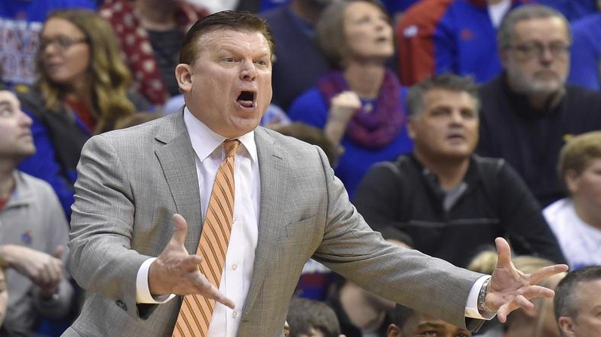 Oklahoma State coach Brad Underwood protested a call in the Cowboys’ 87-80 loss to Kansas on Saturday at Allen Fieldhouse .