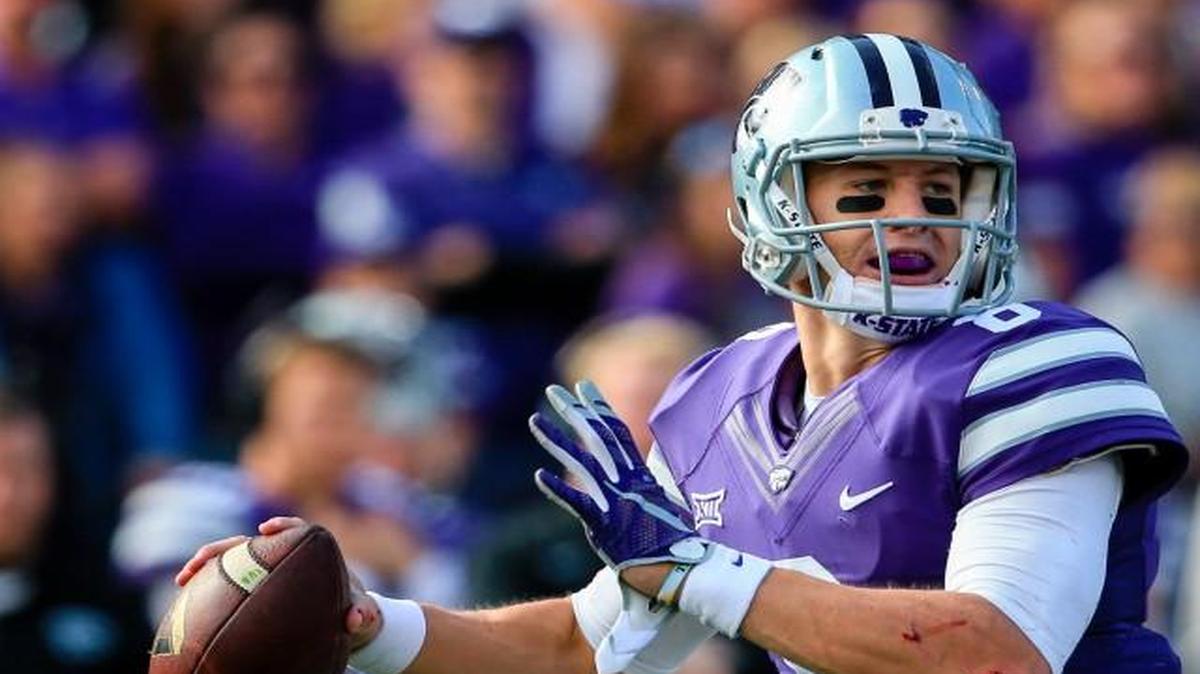 Kansas State quarterback Joe Hubener looks to throw against Oklahoma . (AP Photo/Nati Harnik)