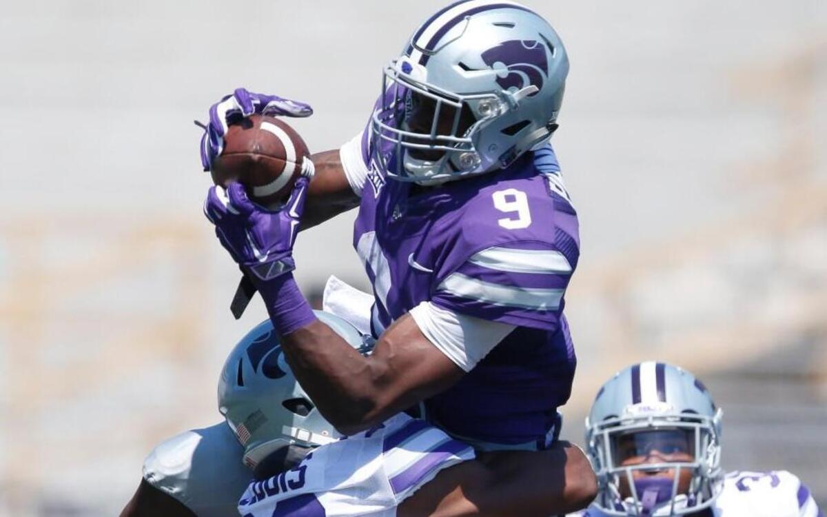 Byron Pringle brings in a pass during April’s K-State spring game. He figures to be a standout receiver for the Wildcats this season.