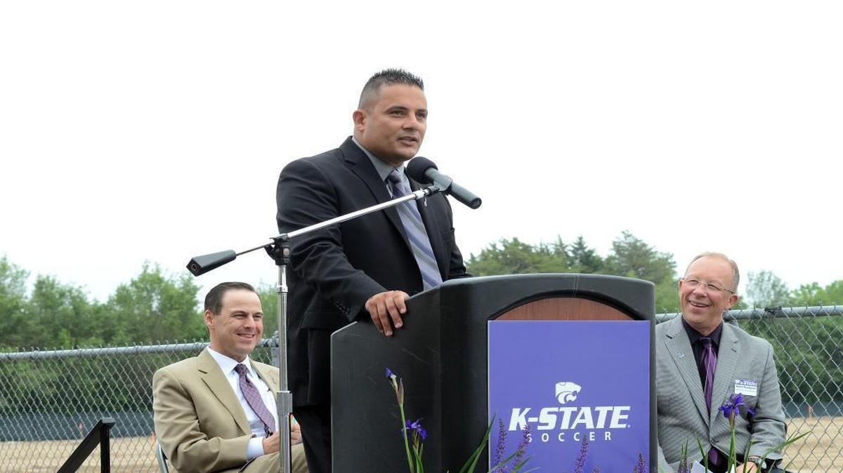 K-State soccer coach Mike Dibbini speaks at a groundbreaking ceremony for the team’s soccer complex.