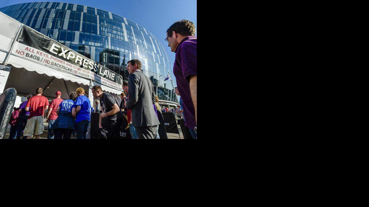 New this year for the Big 12 men's basketball championship are express lanes, pictured on Wednesday, March 11, 2015, to speed up the entrance of spectators into the Sprint Center in Kansas City. The lanes let people carry cell phones, keys and other metal objects in their hands for security personnel to view. Security will check backpacks and purses as normal.