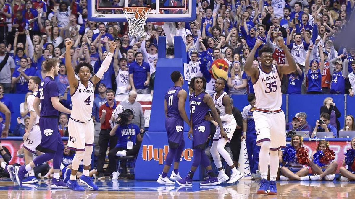 KU's Udoke Azubuike (right) and Devonte Graham celebrated the Jayhawks’ 73-72 win over rival Kansas State earlier this month at Allen Fieldhouse.