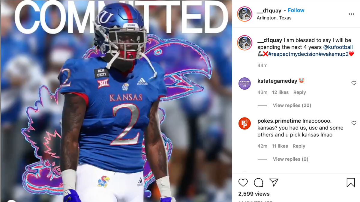 Receiver Quaydarius Davis announced his commitment to Kansas football on Instagram.