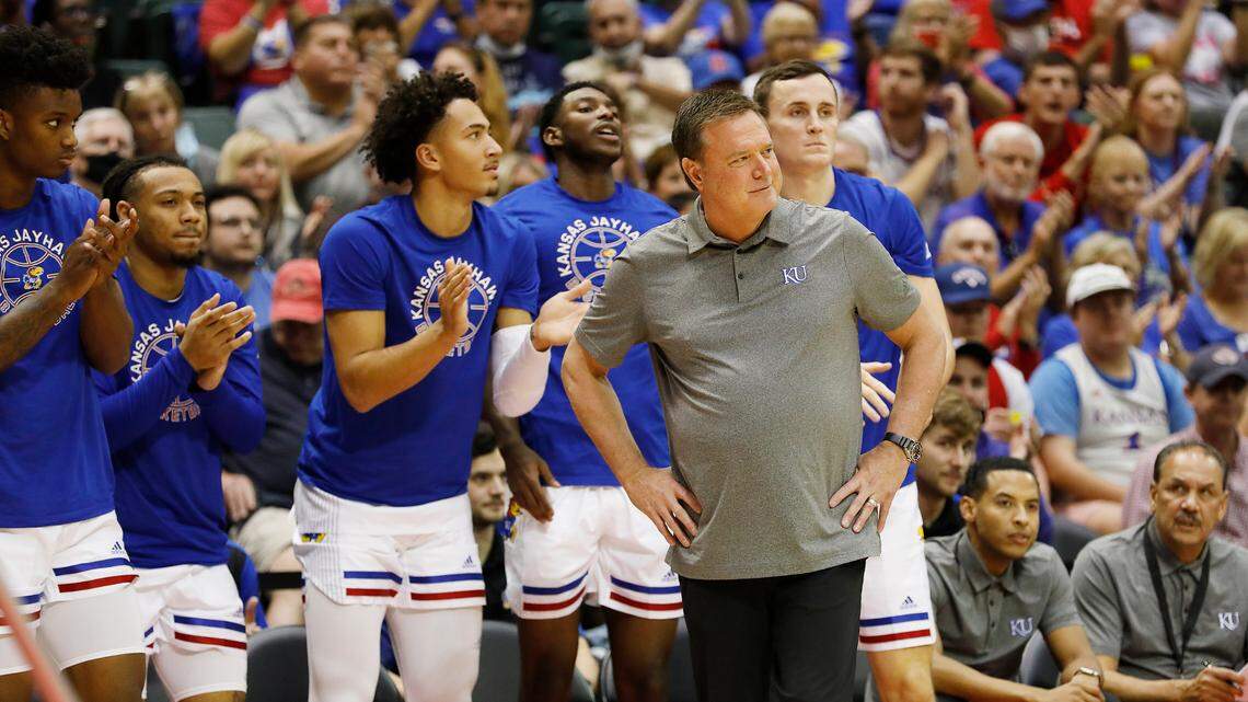 Kansas head coach Bill Self looks on during the first half of a game against North Texas on Thursday, Nov. 25, 2021, in Orlando, Fla.