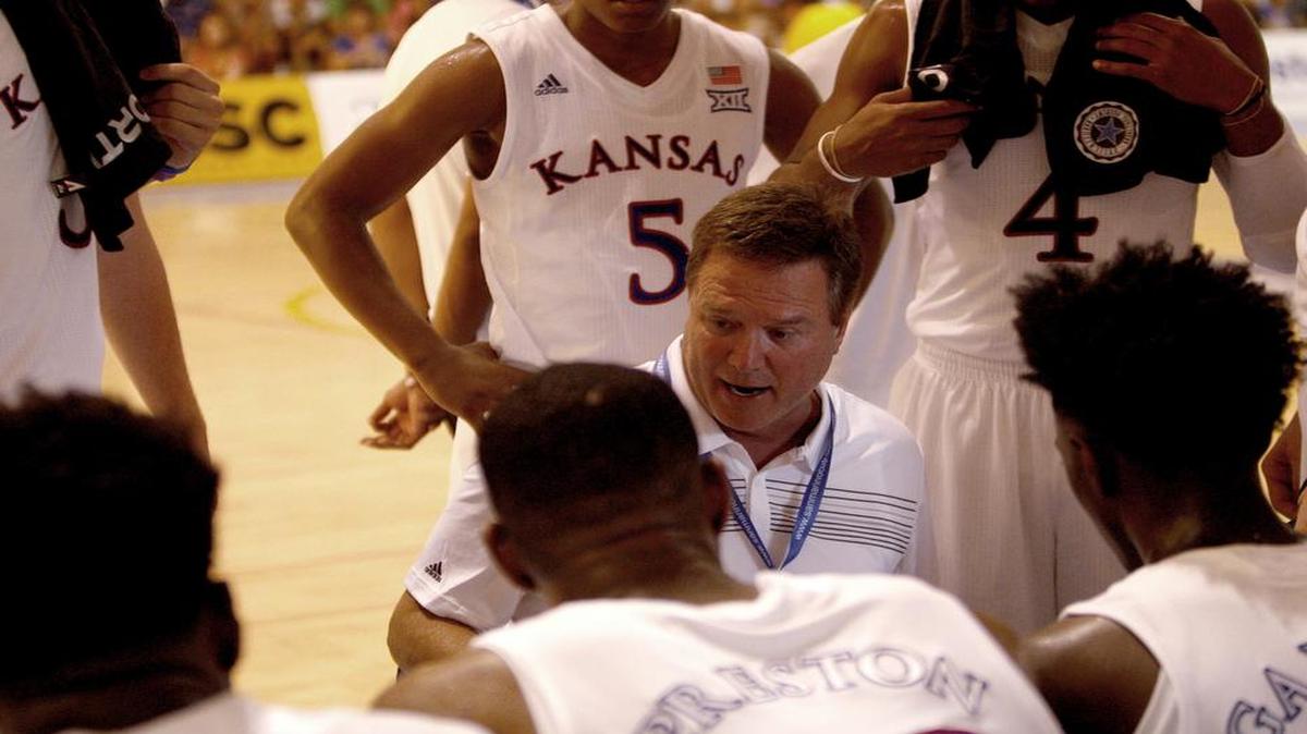 Kansas coach Bill Self (center) during the team’s trip to Italy earlier this month
