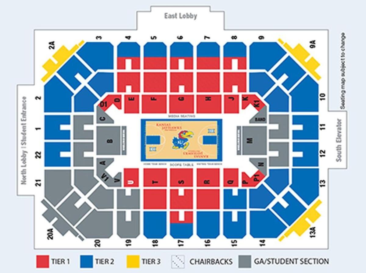 Allen Fieldhouse seating chart from the 2016-17 season. Gray is student seating. Section 19 will now become donor seating.