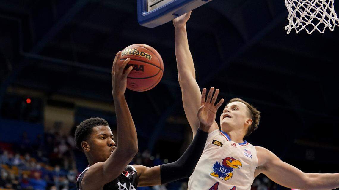 Kansas forward Mitch Lightfoot elevates defensively during KU’s 95-50 victory over Omaha on Friday, Dec. 11, 2020, at Allen Fieldhouse.