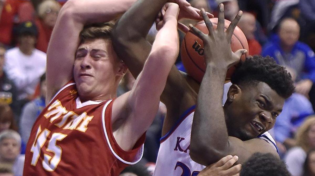 Udoka Azubuike (right) played in the final minutes for KU in last week’s 100-54 exhibition victory over Pittsburg State.